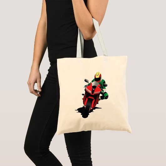 赤いスポーツバイクに乗るバイク トートバッグ