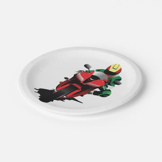 赤いスポーツバイクに乗るバイク ペーパープレート (アングル)