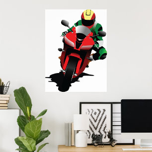赤いスポーツバイクに乗るバイク ポスター