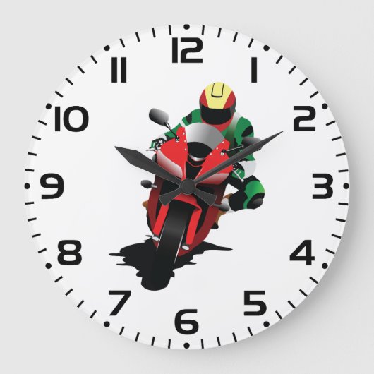 赤いスポーツバイクに乗るバイク ラージ壁時計 (正面)