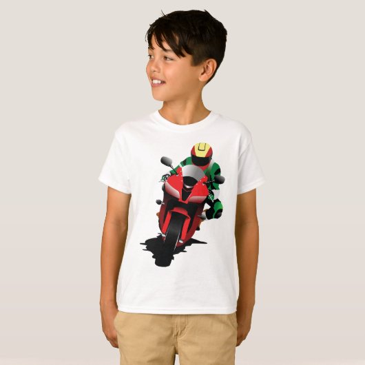 赤いスポーツバイクに乗るバイク Tシャツ (正面フル)