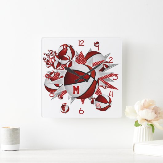 赤いスポーツルームのデッキのバスケットの星 スクエア壁時計 (ホーム)