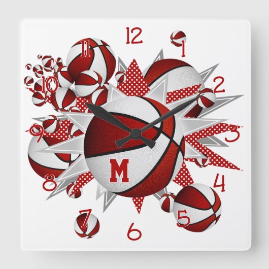 赤いスポーツルームのデッキのバスケットの星 スクエア壁時計 (正面)