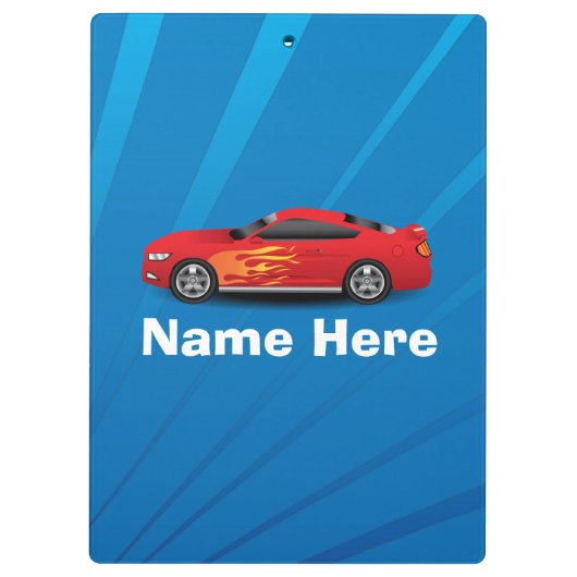 赤いスポーツ・カーが付いている明るい青は子供の男の子を炎にあてます クリップボード (裏面)