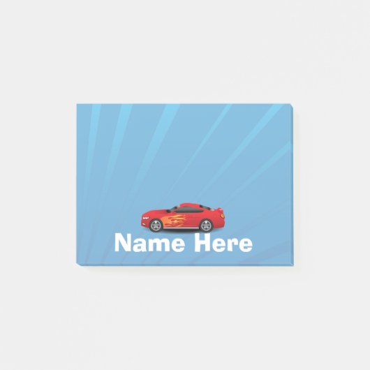 赤いスポーツ・カーが付いている明るい青は子供の男の子を炎にあてます ポストイット (正面)