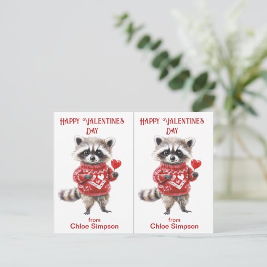 赤いセーターラクーンキッズバレンタイン教室カード ポストカード (スタンド正面)