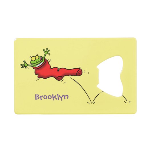 赤いソックジャンプ漫画の可愛いカエル クレジットカード栓抜き (正面(横))