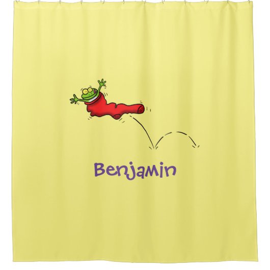 赤いソックジャンプ漫画の可愛いカエル シャワーカーテン (正面)