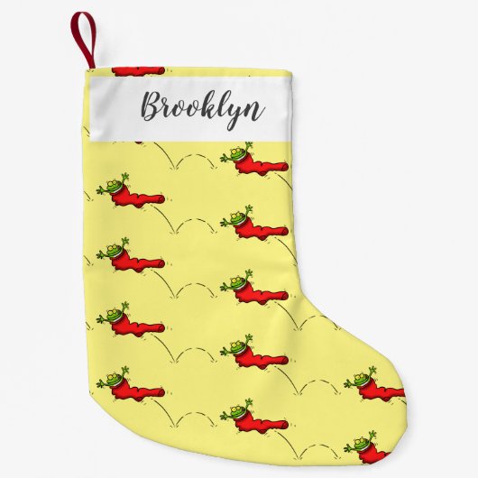 赤いソックジャンプ漫画の可愛いカエル スモールクリスマスストッキング (正面)