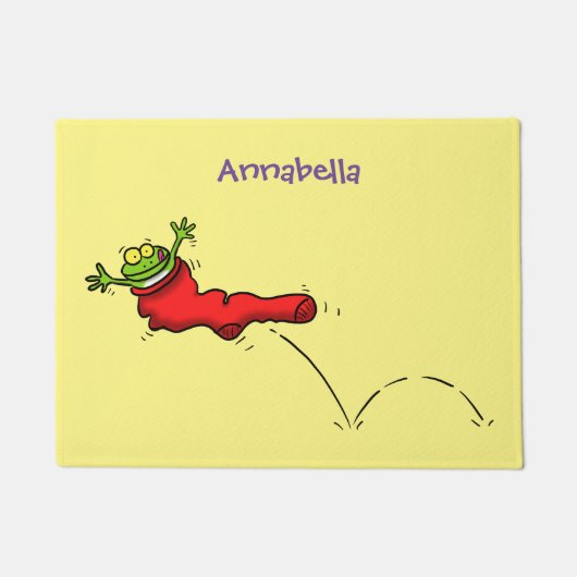 赤いソックジャンプ漫画の可愛いカエル ドアマット (正面)