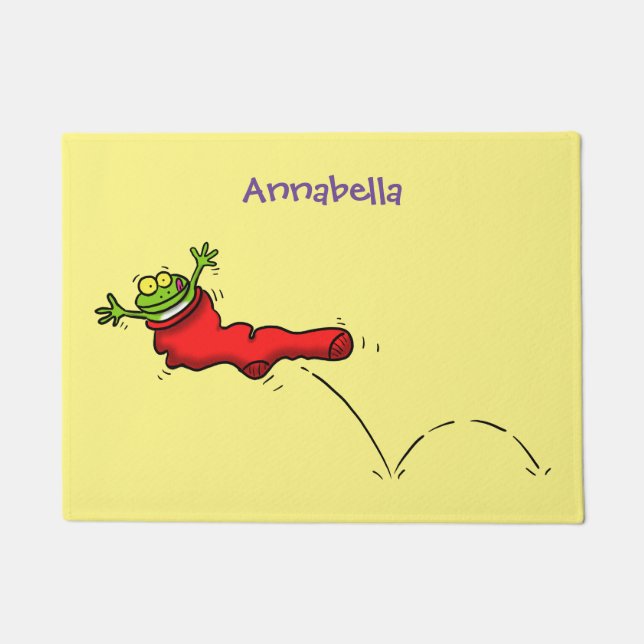 赤いソックジャンプ漫画の可愛いカエル ドアマット (正面)