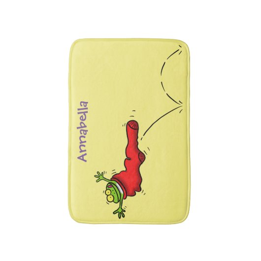 赤いソックジャンプ漫画の可愛いカエル バスマット (正面縦)