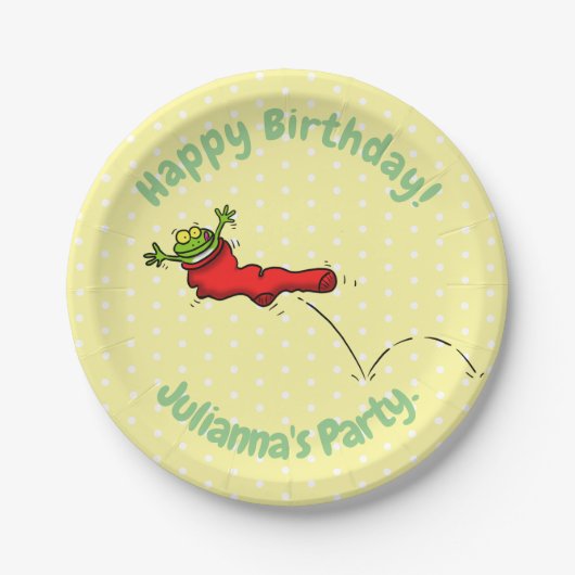 赤いソックジャンプ漫画の可愛いカエル ペーパープレート (正面)