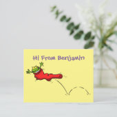 赤いソックジャンプ漫画の可愛いカエル ポストカード (スタンド正面)