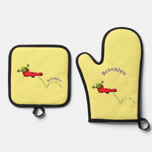 赤いソックジャンプ漫画の可愛いカエル 鍋つかみ&鍋敷きセット (正面)