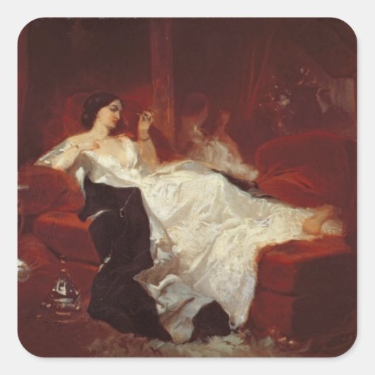 赤いソファに座っている女性 スクエアシール (正面)