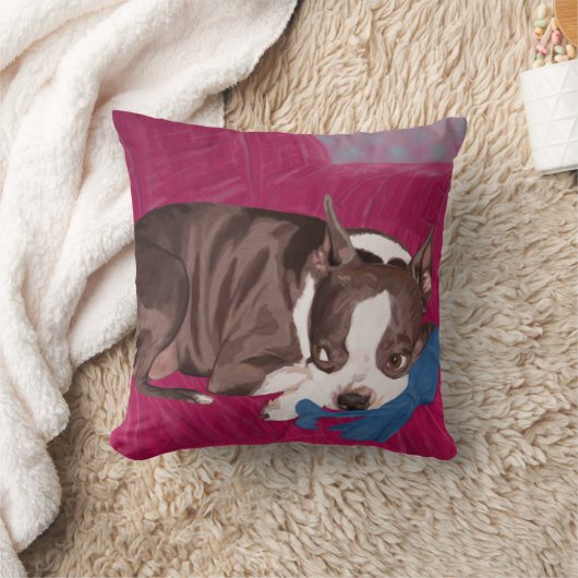 赤いソファ-デジタルペンキで休むボストンテリア クッション (ブランケット)