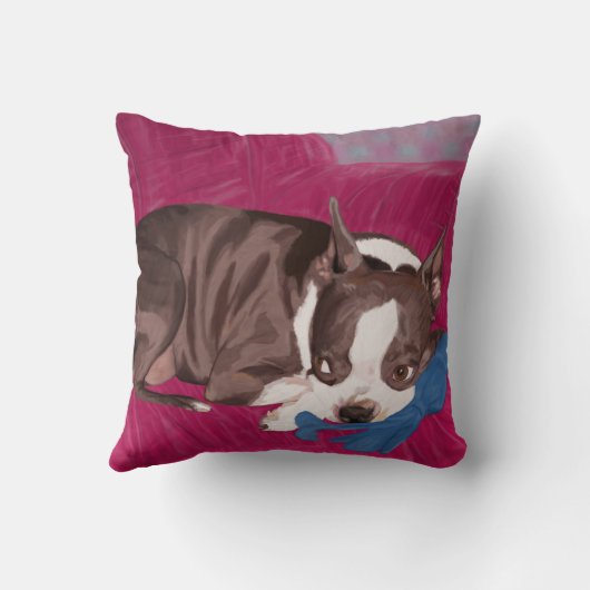 赤いソファ-デジタルペンキで休むボストンテリア クッション (裏面)