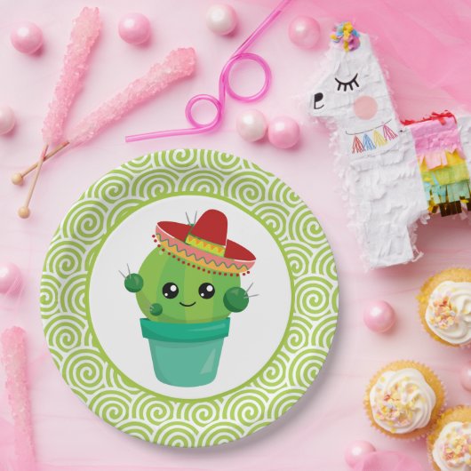 赤いソンブレロの目のかわいいサボテン ペーパープレート (パーティー)