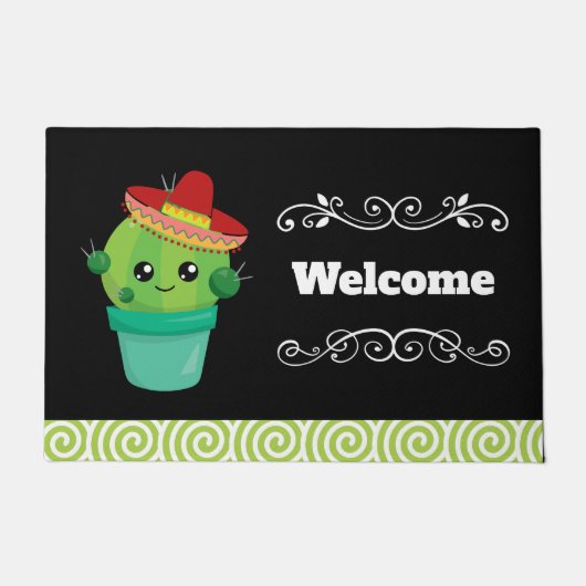 赤いソンブレロを着たハッピーラウンドサボテン ドアマット (正面)