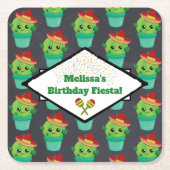 赤いソンブレロ模様のハッピーグリーンサボテン スクエアペーパーコースター (正面)