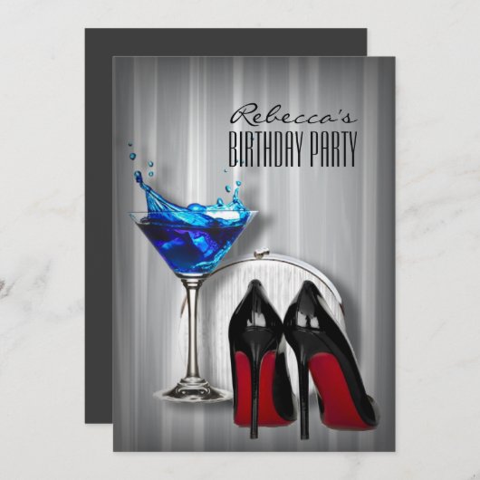 赤いソールのステレオ マーティーニ ガールズ バースデー パーティー 招待状 (正面/裏面)