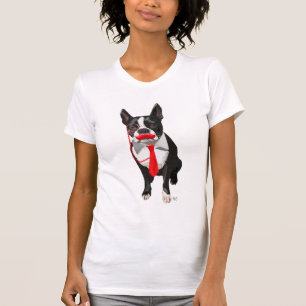 赤いタイおよび口ひげ2が付いているボストンテリア Tシャツ