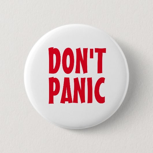 赤いタイポグラフィのモチベーション"Don't Panic" 缶バッジ (正面)