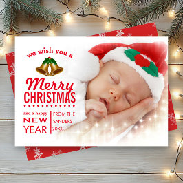 赤いタイポグラフィオーバーレイ 赤ちゃんの最初のクリスマス 写真 シーズンカード