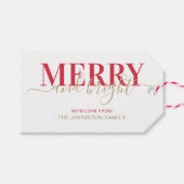 赤いタイポグラフィメリーと明るいクリスマス ギフトタグ (正面(横))