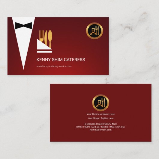 赤いタキシードのスタイリッシュなハンカチーフの金ゴールドの食事用器具類 名刺 (正面/裏面)