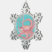 赤いタコのティール（緑がかった色）のステンドグラス スノーフレークピューターオーナメント (右)