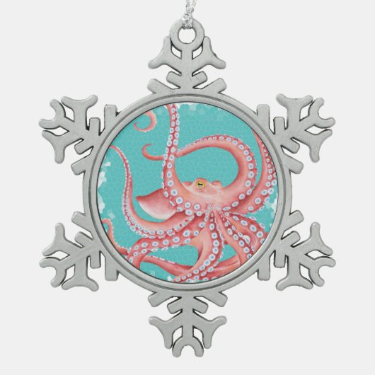 赤いタコのティール（緑がかった色）のステンドグラス スノーフレークピューターオーナメント (正面)