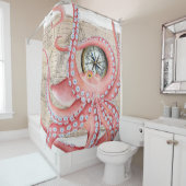 赤いタコのヴィンテージの地図のコンパス シャワーカーテン (インサイチュ)