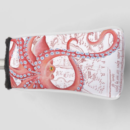 赤いタコのヴィンテージの地図の白 ゴルフヘッドカバー (正面)