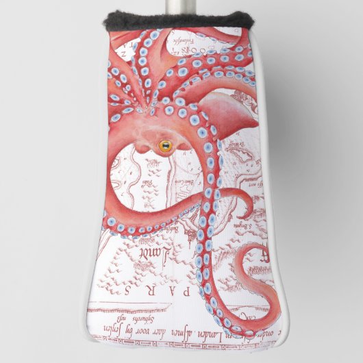 赤いタコのヴィンテージの地図の白 ゴルフヘッドカバー (回転90)