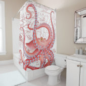 赤いタコのヴィンテージの地図の白 シャワーカーテン (インサイチュ)
