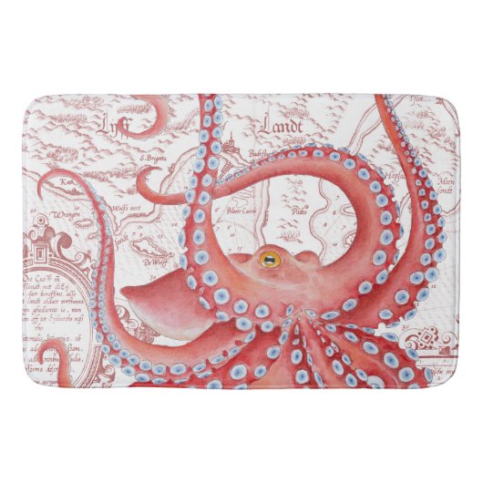 赤いタコのヴィンテージの地図の白 バスマット (正面)