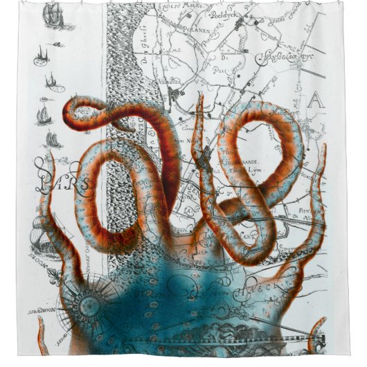 赤いタコのヴィンテージ シャワーカーテン (正面)