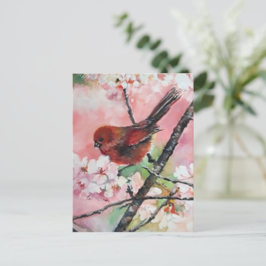 赤いタネガーの鳥のさくらんぼの花 ポストカード (スタンド正面)
