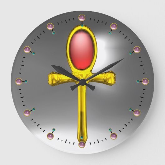 赤いタリスマン、ルビー宝石、灰色の白 ラージ壁時計 (正面)