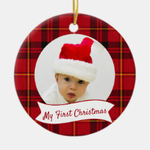 赤いタルタン柄の赤ちゃんの初めてのクリスマスフォト