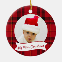 赤いタルタン柄の赤ちゃんの初めてのクリスマスフォト セラミックオーナメント