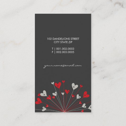 赤いタンポポ愛ハートのお洒落なプロフィールカード 名刺 (裏面)