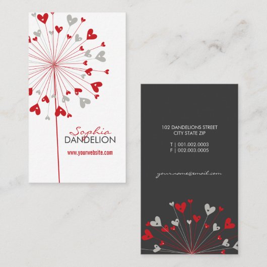 赤いタンポポ愛ハートのお洒落なプロフィールカード 名刺 (正面/裏面)