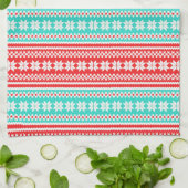 赤いターコイズのノルウェーのクリスマスのセーターパターン キッチンタオル (折り畳み)