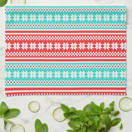 赤いターコイズのノルウェーのクリスマスのセーターパターン キッチンタオル (折り畳み)