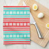 赤いターコイズのノルウェーのクリスマスのセーターパターン キッチンタオル (四つ折り)