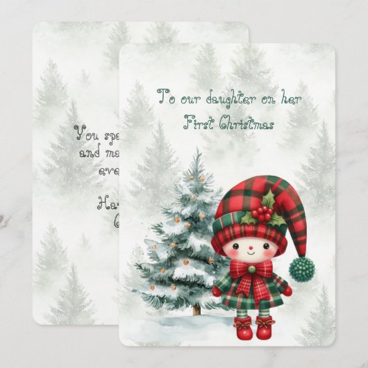 赤いタータンチェックの娘の初クリスマス ノートカード (正面/裏面)