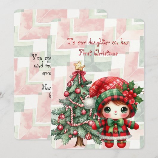 赤いタータンチェックの娘 初めてのクリスマス ノートカード (正面/裏面)